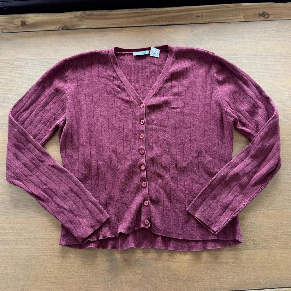 Vintage Paul Harris Design Burgundy Ribbed Knit Button Up Cardigan Sweater L